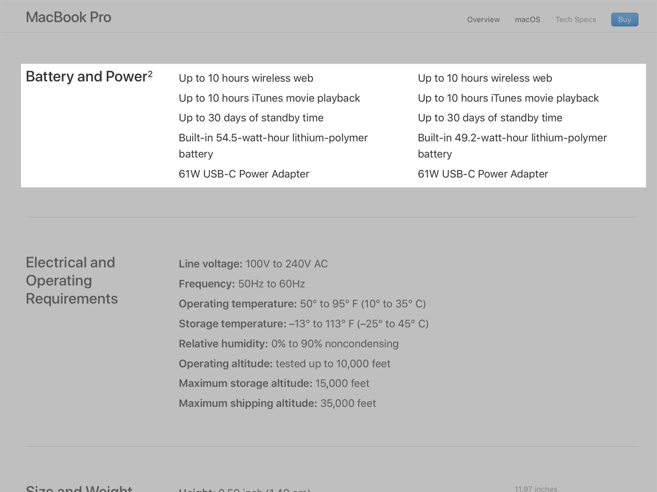 MacBook Pro スペック：Battery and Power