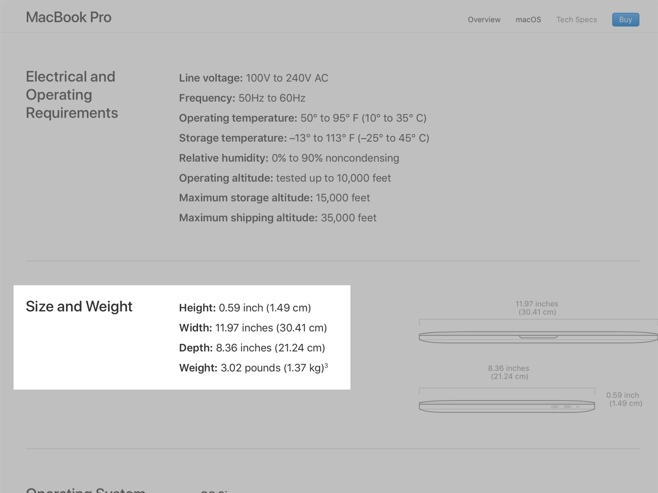 MacBook Pro スペック：Size and Weight