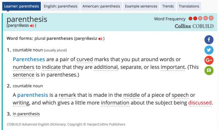 parenthesis - Collins English Dictionary